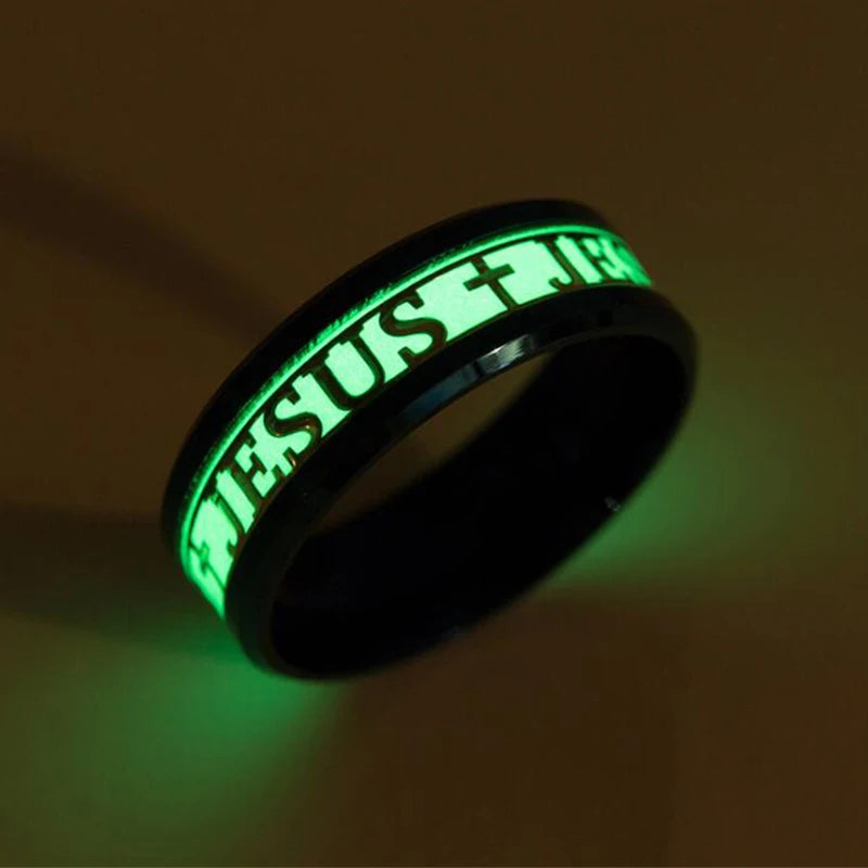 Euramerican Rings for Men Women Jesus Cross Stainless Steel Luminou Glow in Dark Fluorescent Band Ring Wholesale Jewelry