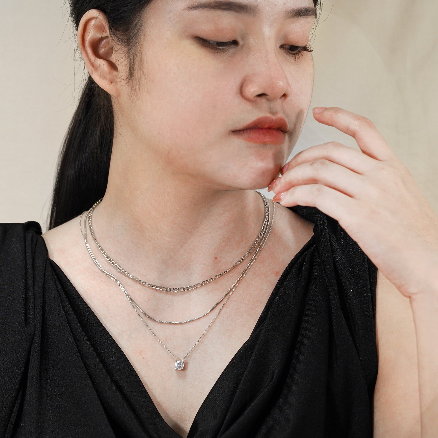 Multipack 3 Pc Women Layered Necklace Pendant, White Gold Plating, Gold Chain, Choker Necklace, Herringbone Layered Necklace Jewelry Gift