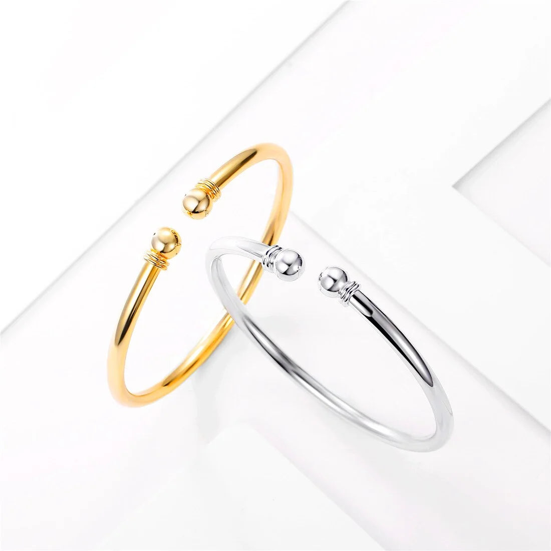 Women'S 925 Solid Sterling Silver Polished round Ball Cuff Bangle Open Bracelet