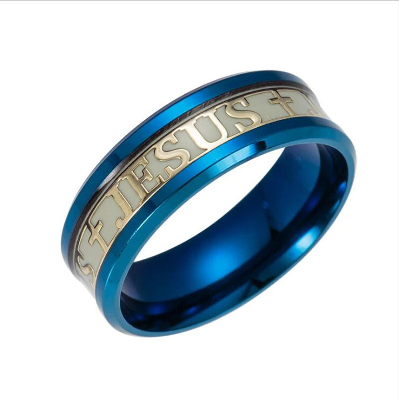 Euramerican Rings for Men Women Jesus Cross Stainless Steel Luminou Glow in Dark Fluorescent Band Ring Wholesale Jewelry