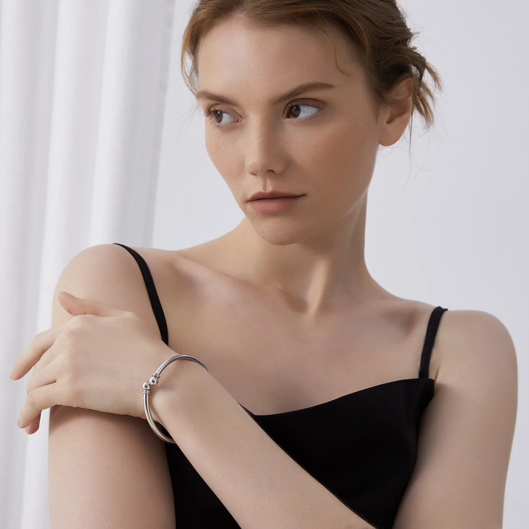 Women'S 925 Solid Sterling Silver Polished round Ball Cuff Bangle Open Bracelet