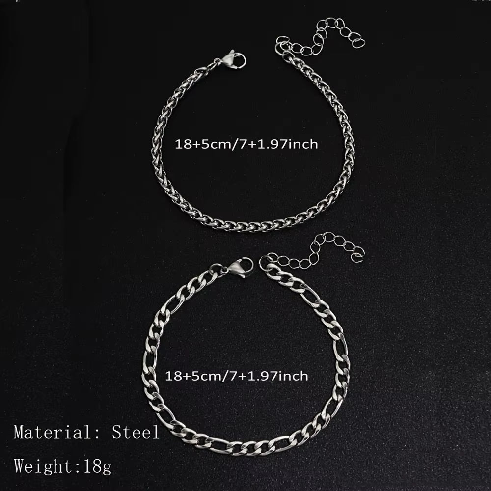 2Pcs Simple Minimalist Silver Plated Stainless Steel Chain Bracelets Set for Men Fashion Glossy Street Chic Bracelet Jewelry