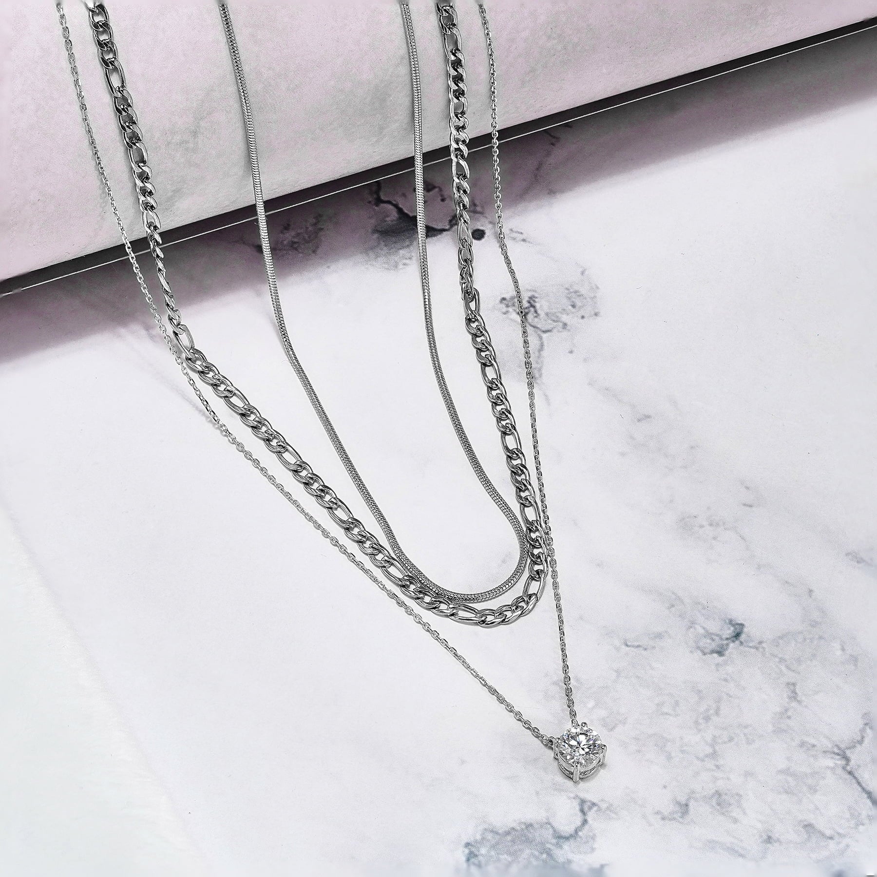 Multipack 3 Pc Women Layered Necklace Pendant, White Gold Plating, Gold Chain, Choker Necklace, Herringbone Layered Necklace Jewelry Gift