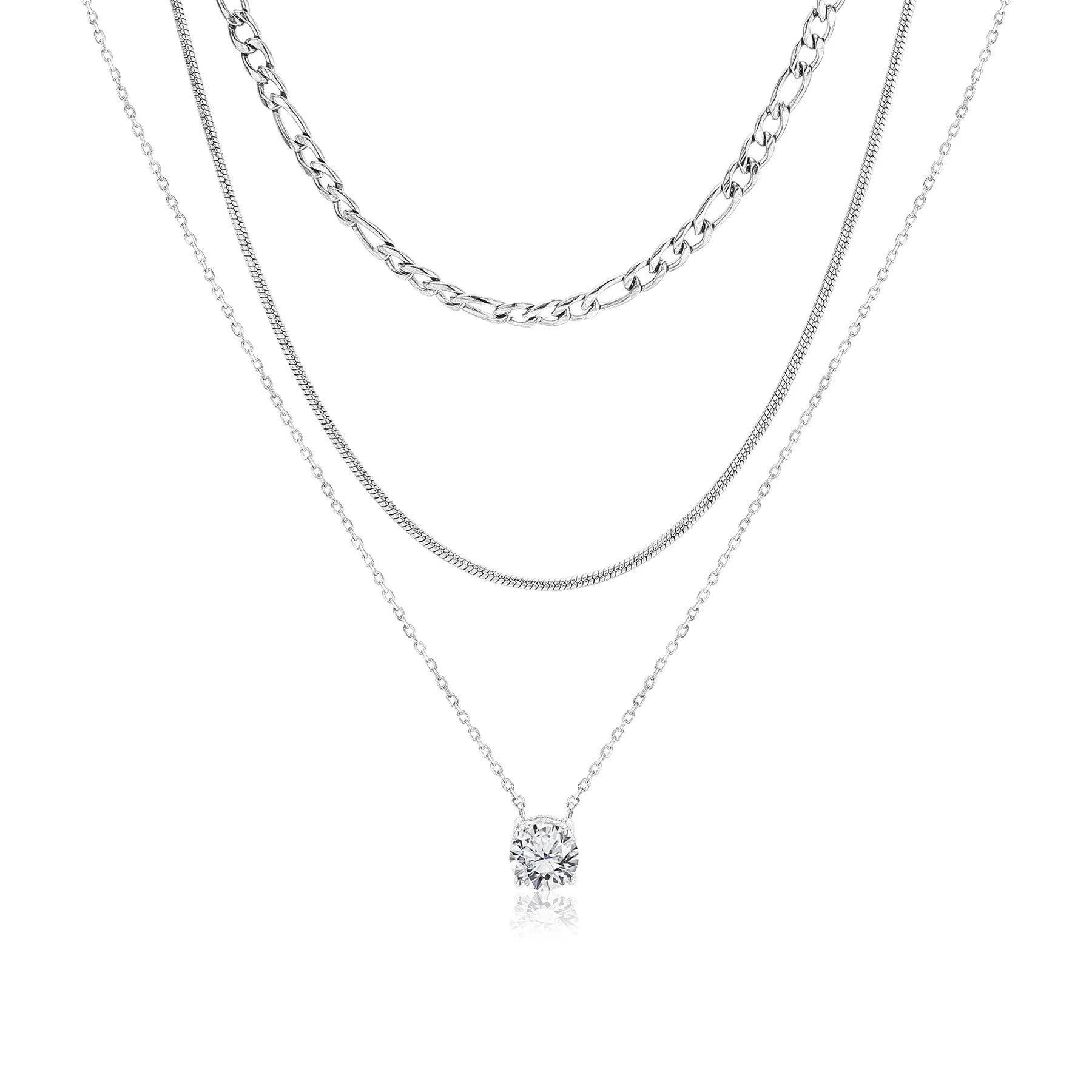 Multipack 3 Pc Women Layered Necklace Pendant, White Gold Plating, Gold Chain, Choker Necklace, Herringbone Layered Necklace Jewelry Gift