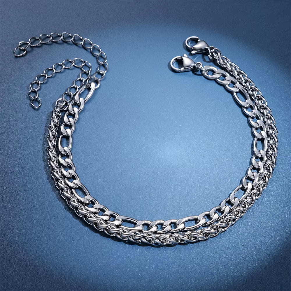 2Pcs Simple Minimalist Silver Plated Stainless Steel Chain Bracelets Set for Men Fashion Glossy Street Chic Bracelet Jewelry
