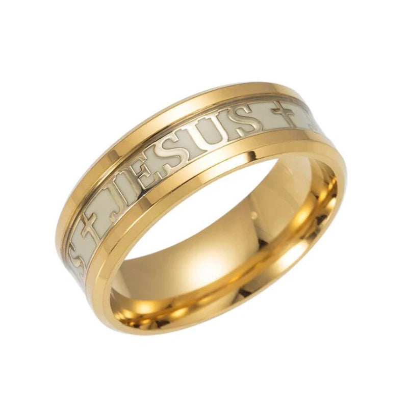 Euramerican Rings for Men Women Jesus Cross Stainless Steel Luminou Glow in Dark Fluorescent Band Ring Wholesale Jewelry