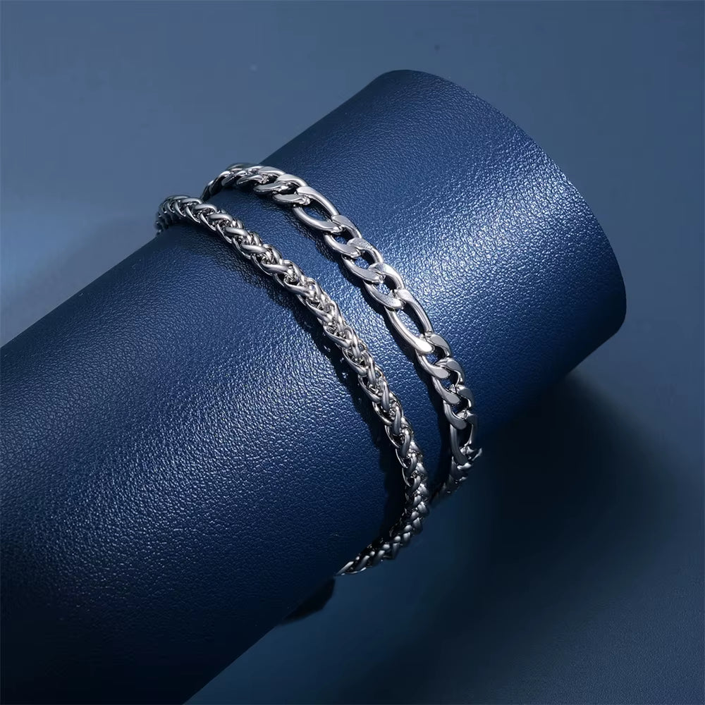 2Pcs Simple Minimalist Silver Plated Stainless Steel Chain Bracelets Set for Men Fashion Glossy Street Chic Bracelet Jewelry