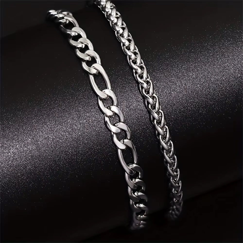 2Pcs Simple Minimalist Silver Plated Stainless Steel Chain Bracelets Set for Men Fashion Glossy Street Chic Bracelet Jewelry